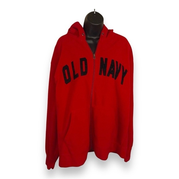 LARGE Y2K ERA OLD NAVY WOMENS RED FLEECE JACKET PULLOVER BLACK LOGO - Picture 1 of 10